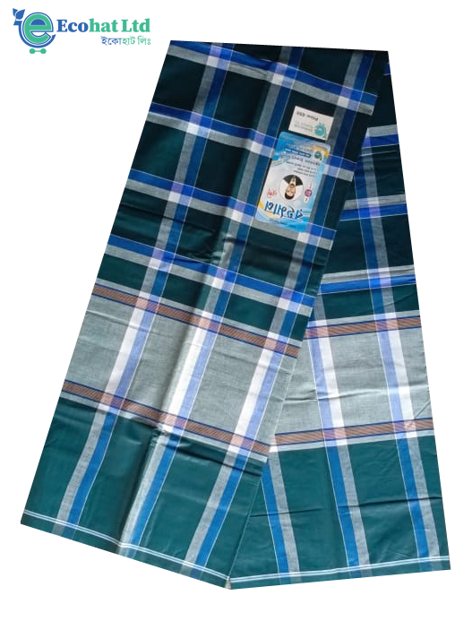 100% Cotton Sirajganj Tater Lungi 5.5 Hat-Color-Dark Green & White Stripe