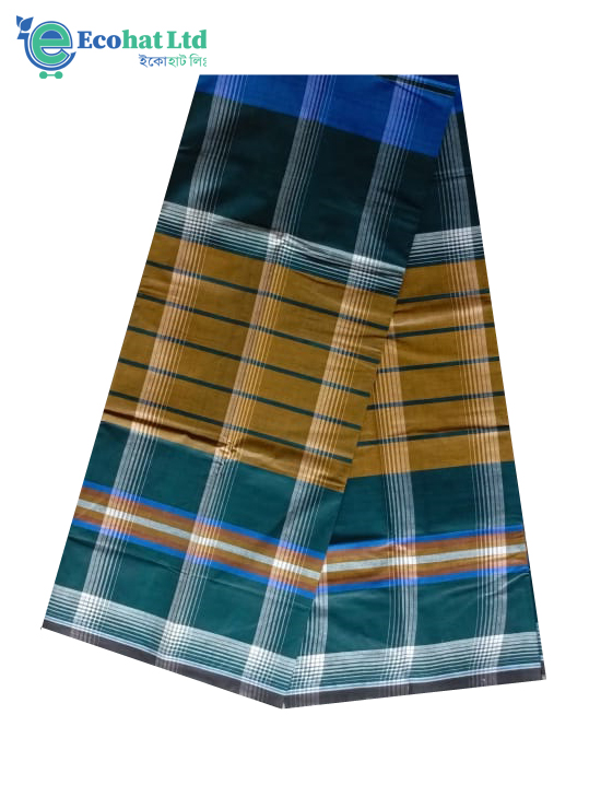 100% Cotton Sirajganj Tater Lungi 5.5 Hat-Color-Dark Green & Golden Stripe.