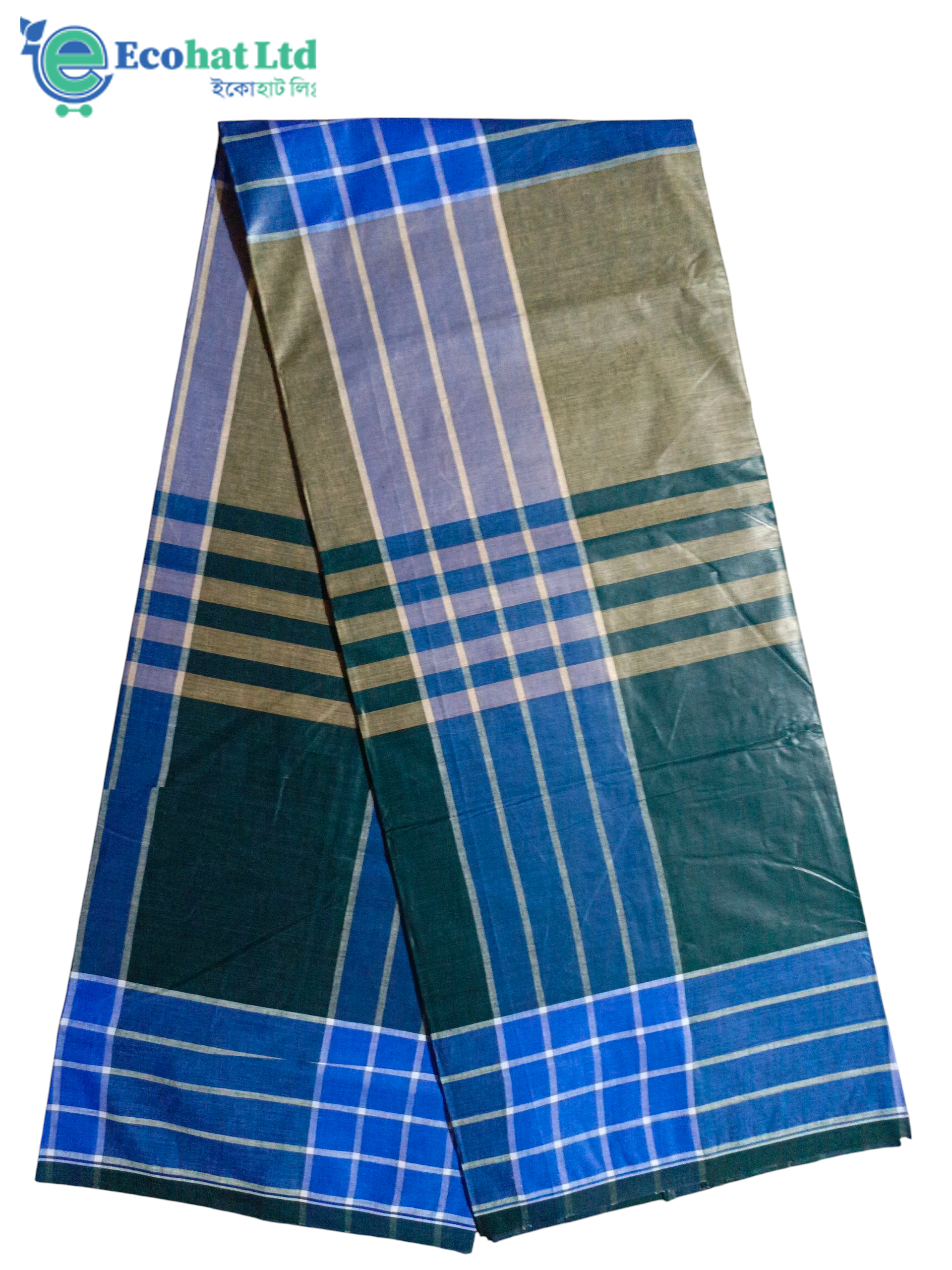 100% Cotton Sirajganj Tater Lungi 5.5 Hat-Color-Dark Green & Light Blue Stripe.